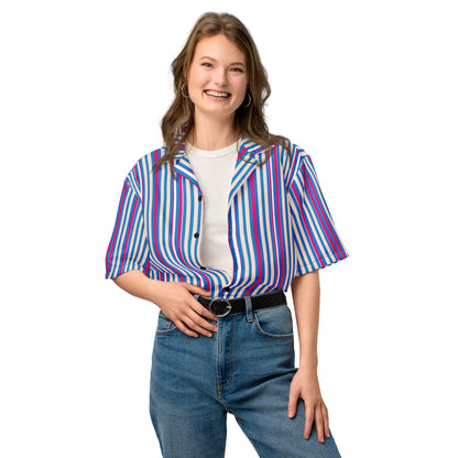 Good Wishes 365 unisex short sleeve button shirt with navy, pink, and light blue vertical stripes over a white tee.