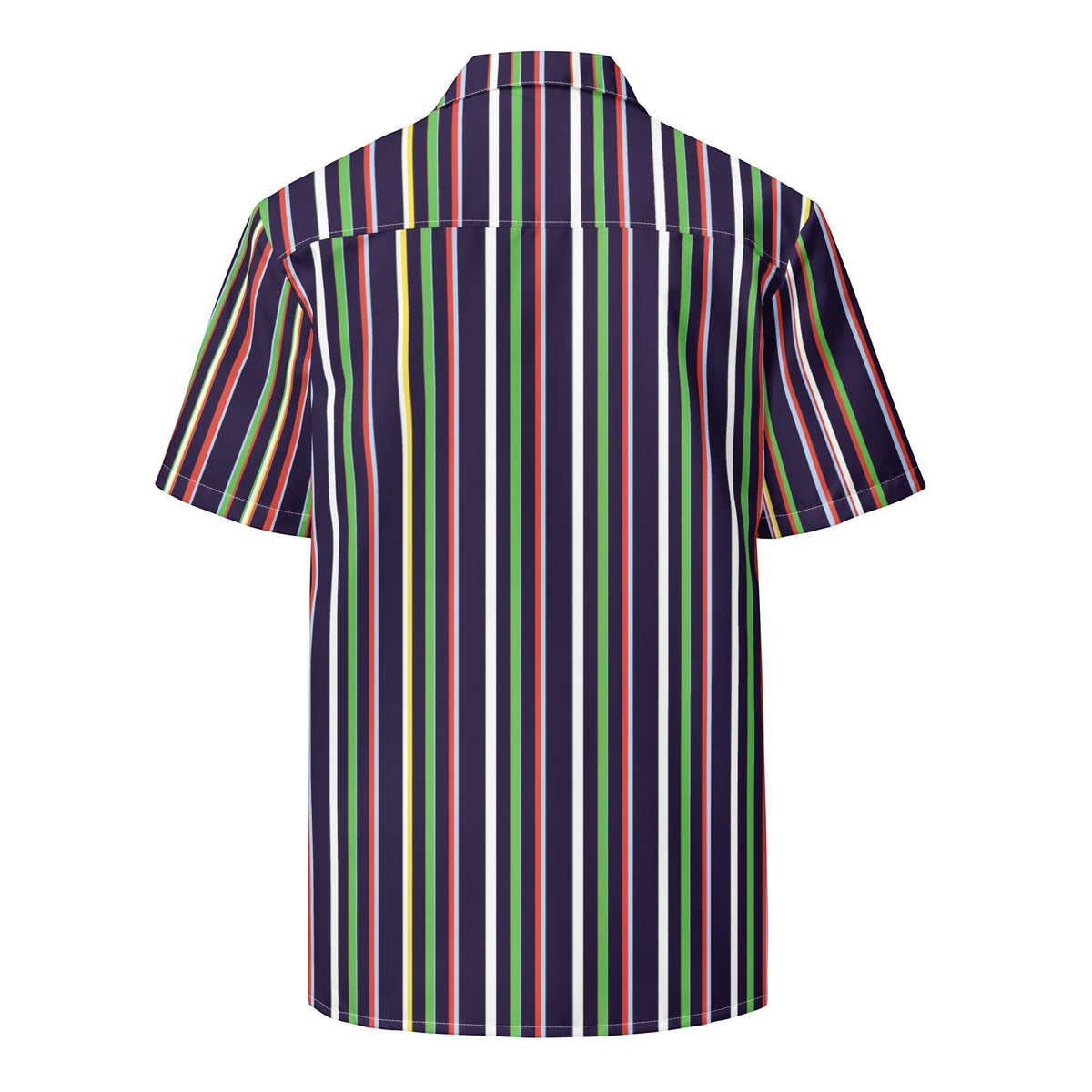 Good Wishes 365 unisex short sleeve button-up shirt featuring vertical multicolor stripes and UPF50+ sun protection.
