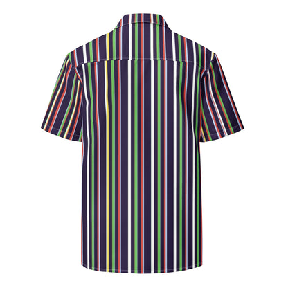Good Wishes 365 unisex short sleeve button-up shirt featuring vertical multicolor stripes and UPF50+ sun protection.