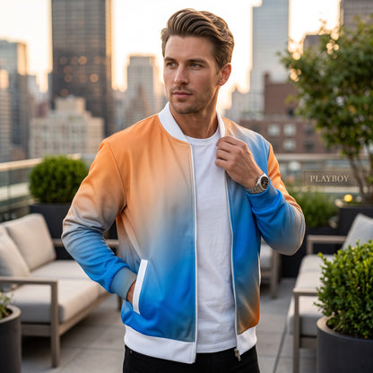 Good Wishes 365 unisex bomber jacket with a blue and orange sunset gradient print worn by a man on a city rooftop.