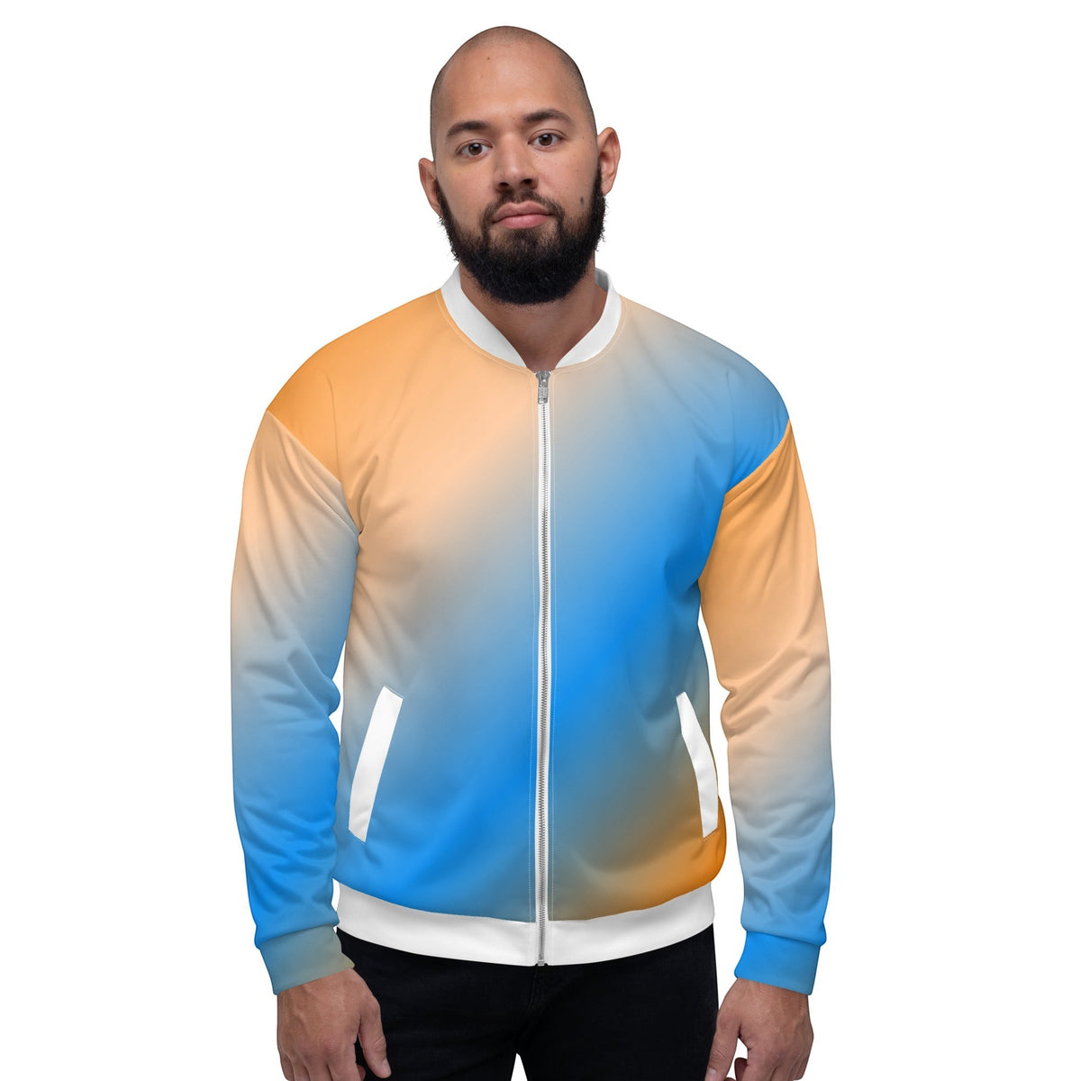 Good Wishes 365 unisex bomber jacket featuring a vibrant blue and orange sunset gradient print with a silver zipper.