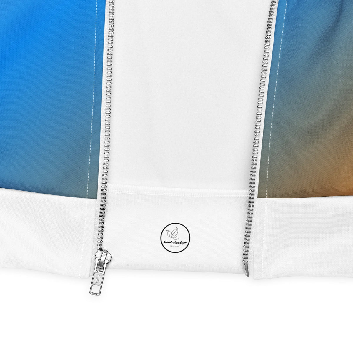 Good Wishes 365 bomber jacket featuring a blue and orange sunset gradient print with a silver YKK zipper