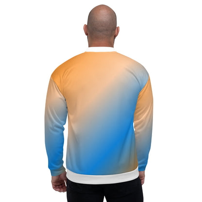 Back view of a Good Wishes 365 unisex bomber jacket with a vibrant blue and orange sunset gradient print.