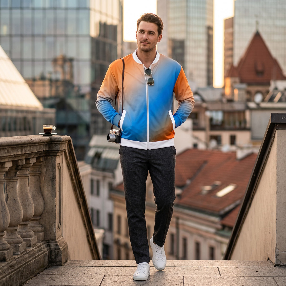 Good Wishes 365 unisex bomber jacket with a blue and orange sunset gradient print, worn by a man on city stairs.