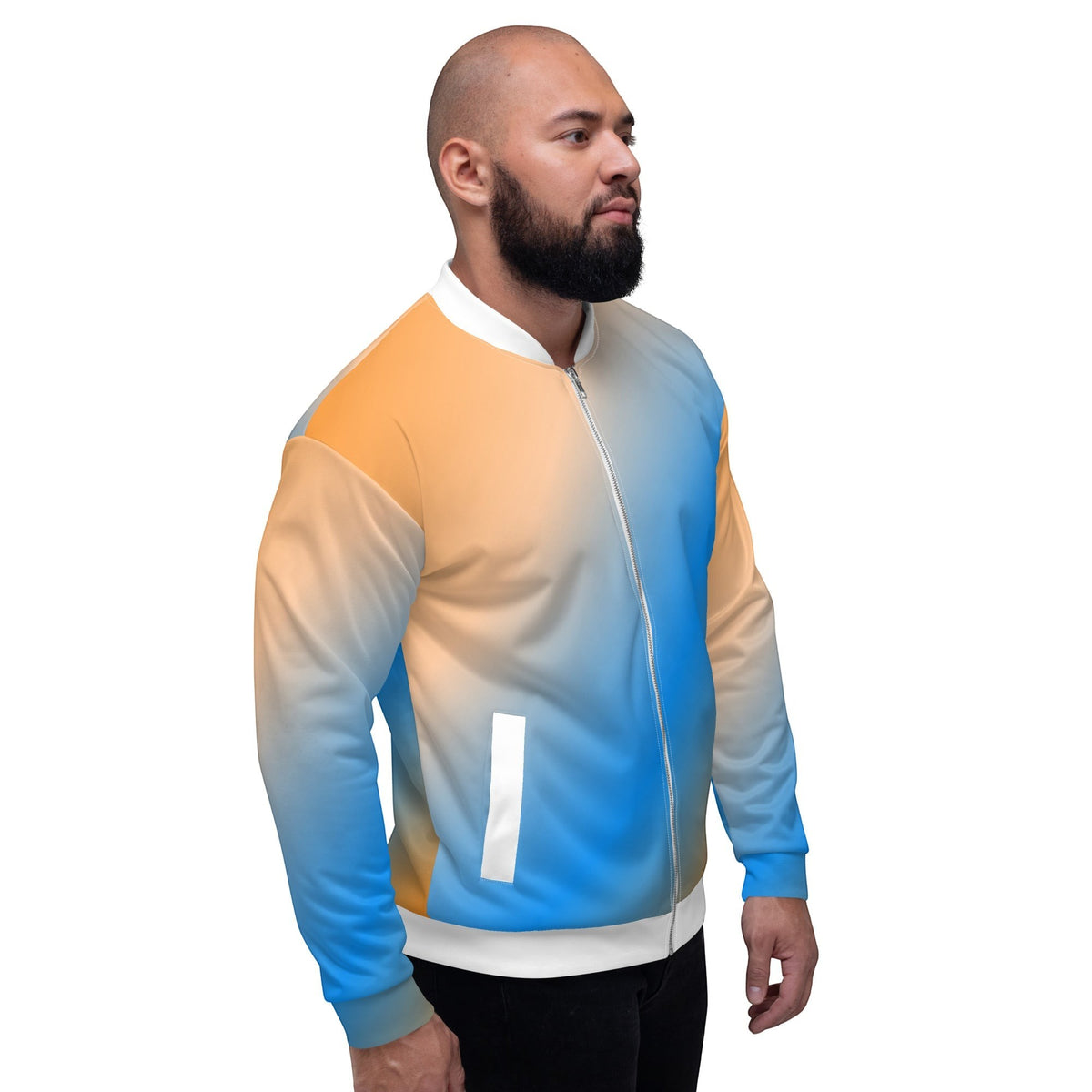 Good Wishes 365 unisex bomber jacket with a vibrant sunset gradient print in blue and orange, featuring a silver zipper