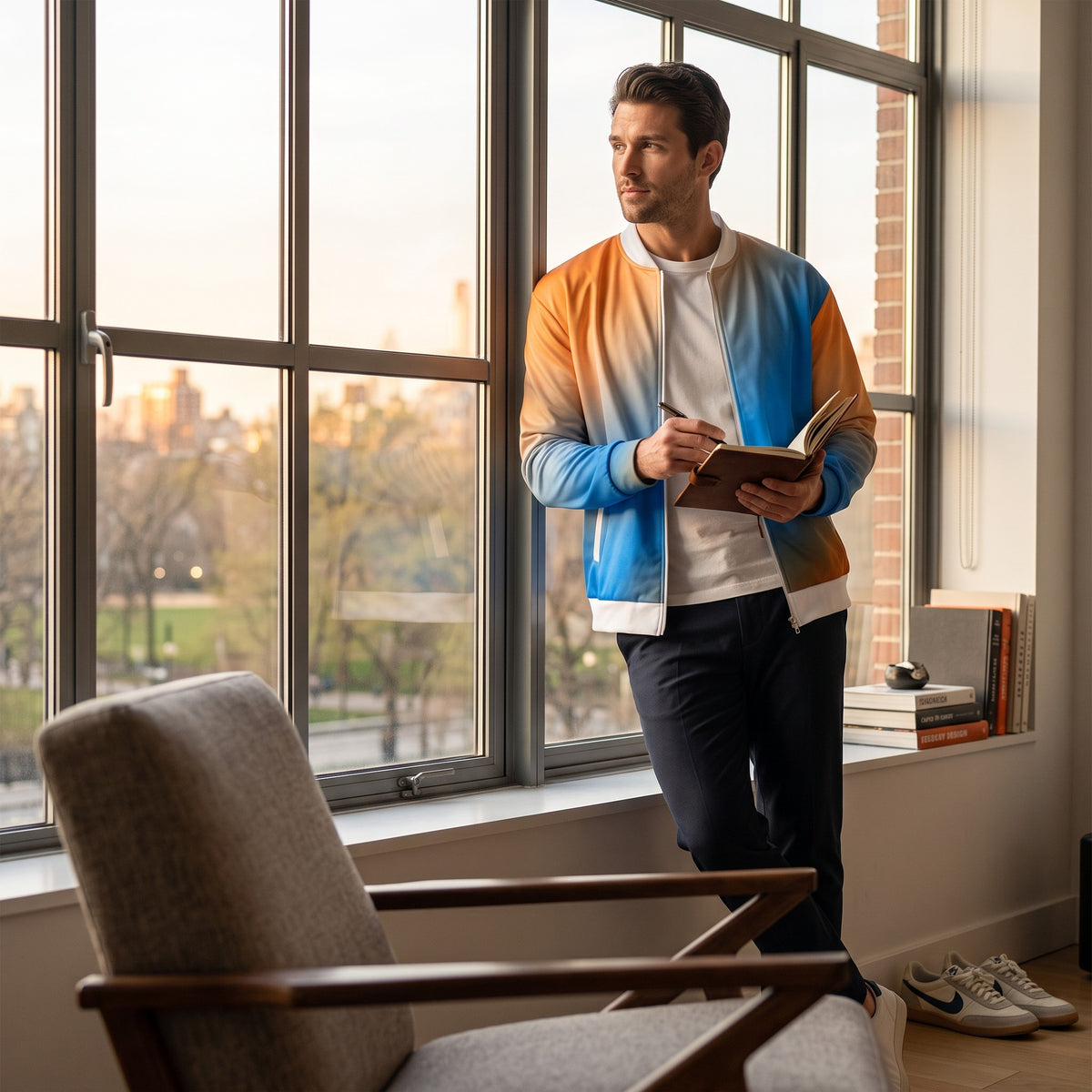 Good Wishes 365 unisex bomber jacket with a sunset gradient print in blue and orange, worn by a man by a window.