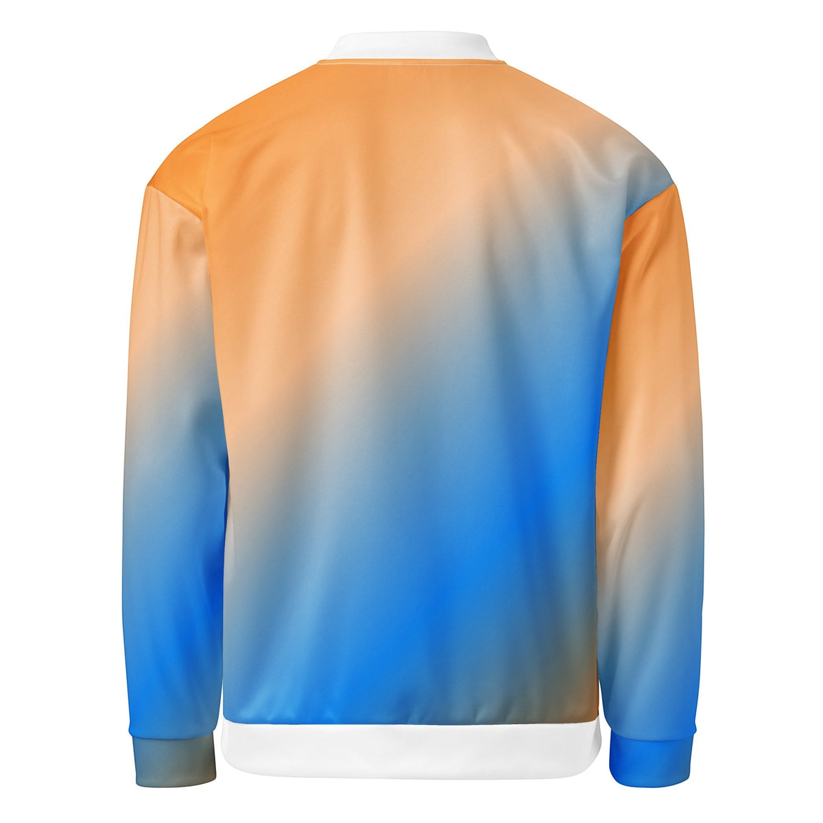 Good Wishes 365 unisex bomber jacket with a sunset gradient print in blue and orange, back view.