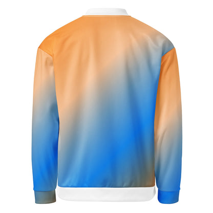 Good Wishes 365 unisex bomber jacket with a sunset gradient print in blue and orange, back view.
