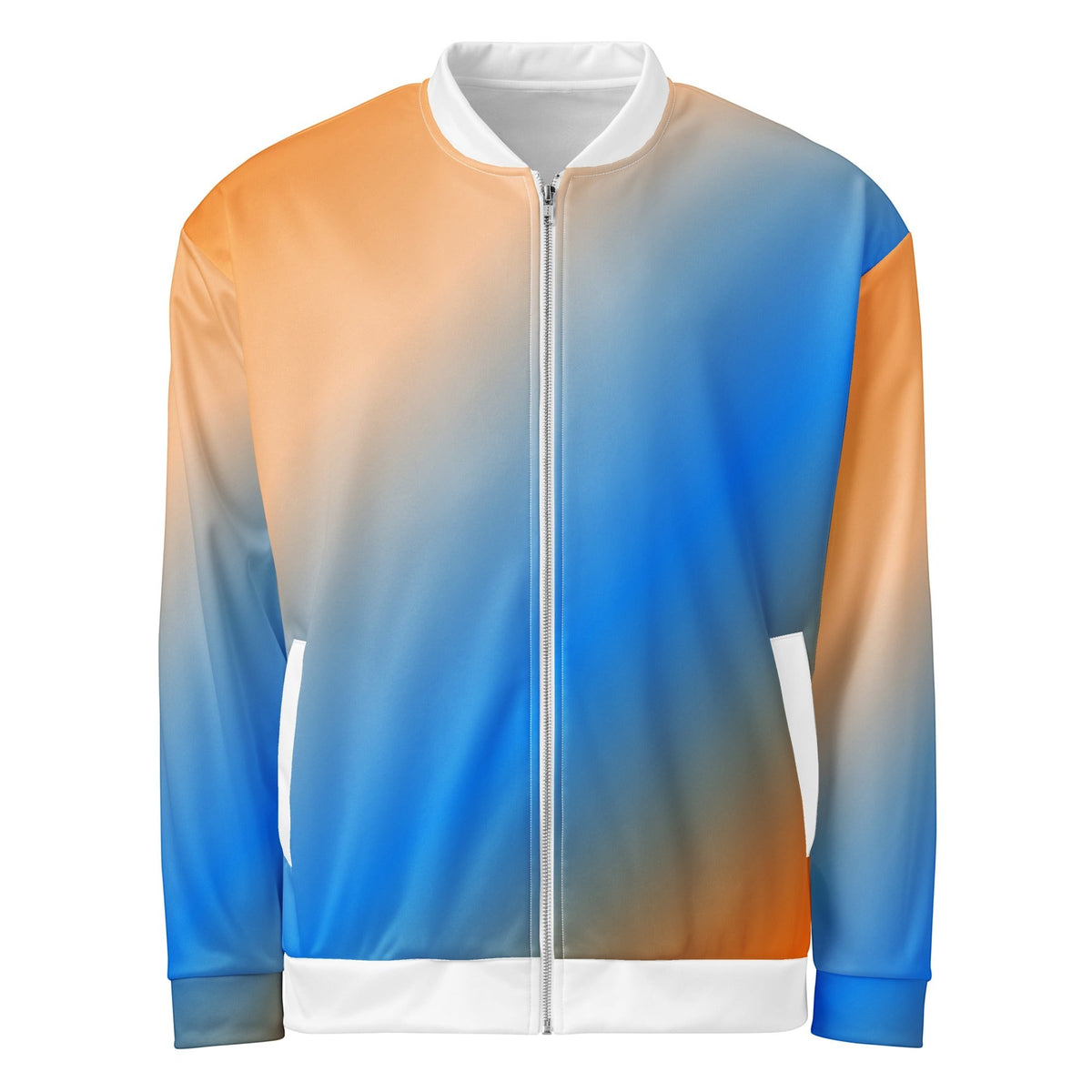 Good Wishes 365 unisex bomber jacket featuring a vibrant sunset gradient print in blue and orange with a silver zipper.