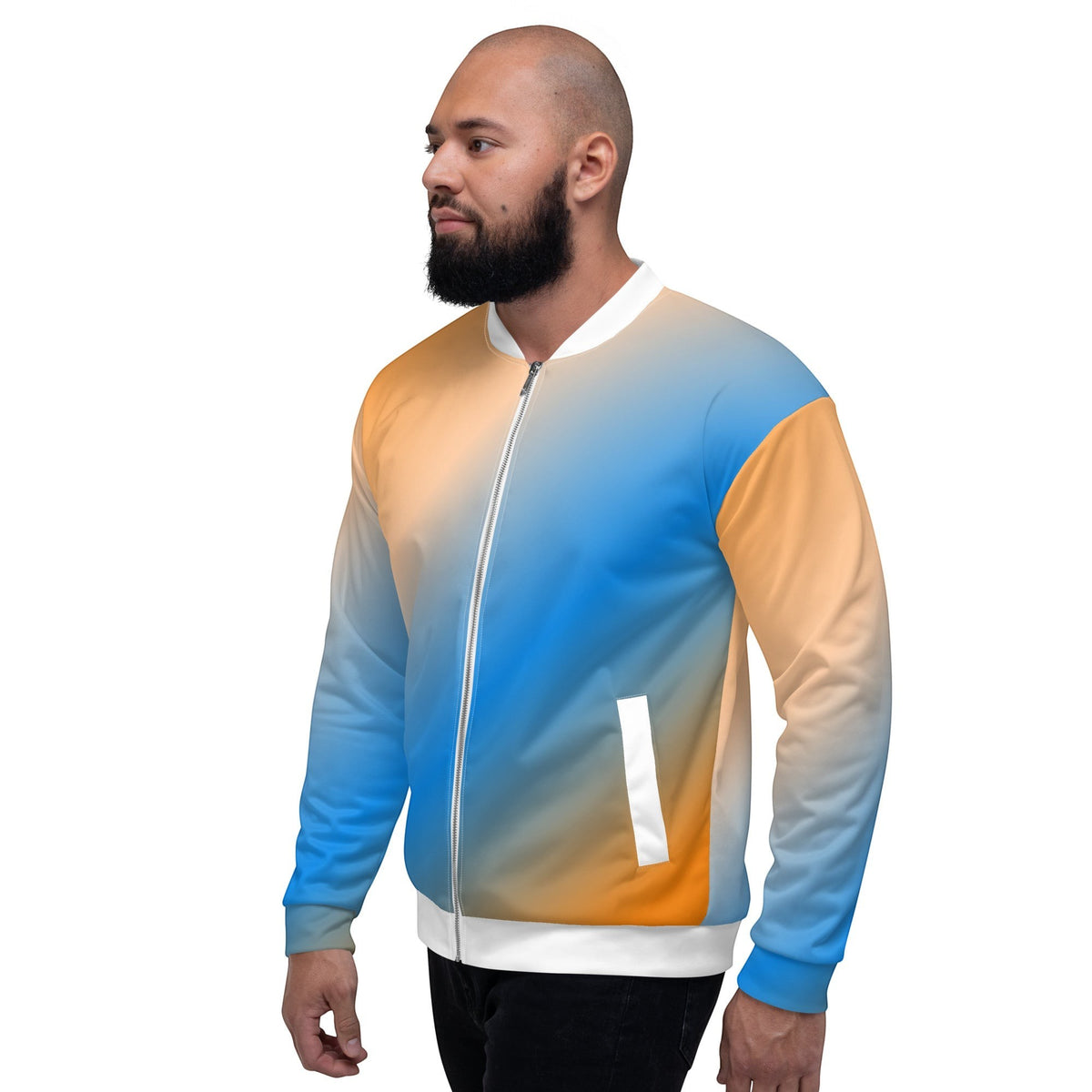 Good Wishes 365 unisex bomber jacket featuring a vibrant blue and orange sunset gradient print with a silver zipper.