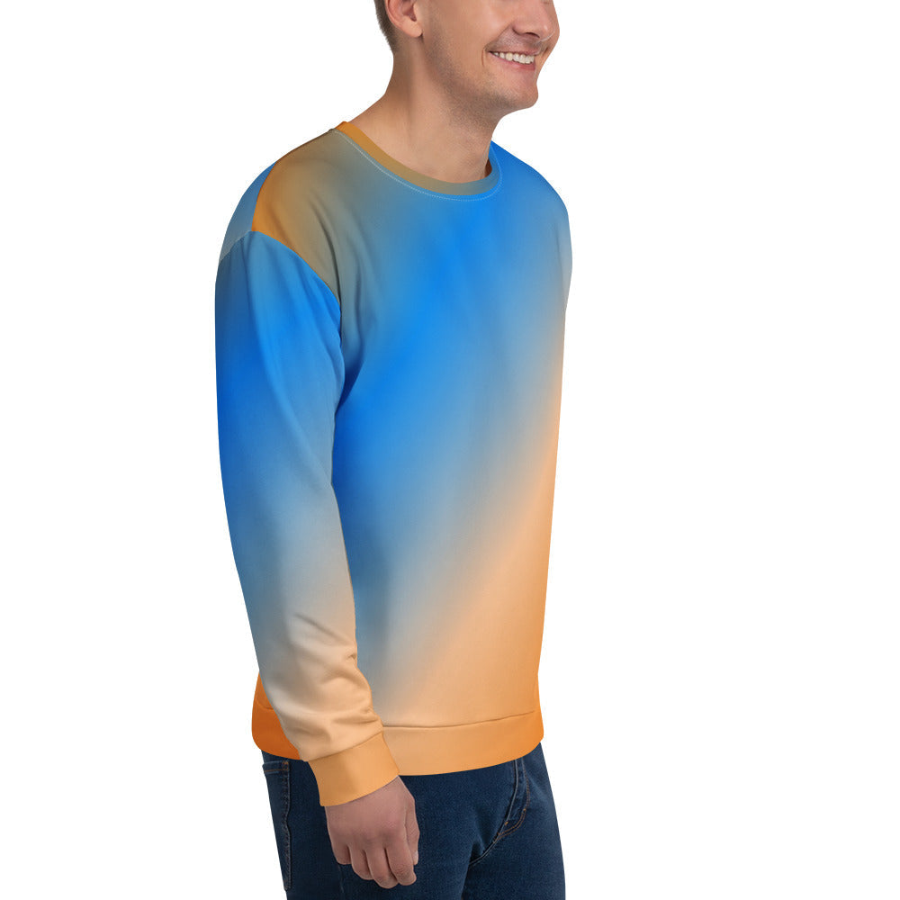 Good Wishes 365 unisex sweatshirt featuring a vibrant blue and orange sunset gradient print on recycled fabric.