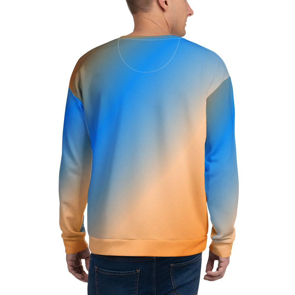 Good Wishes 365 unisex sweatshirt featuring a vibrant sunset gradient print in blue and orange, back view.