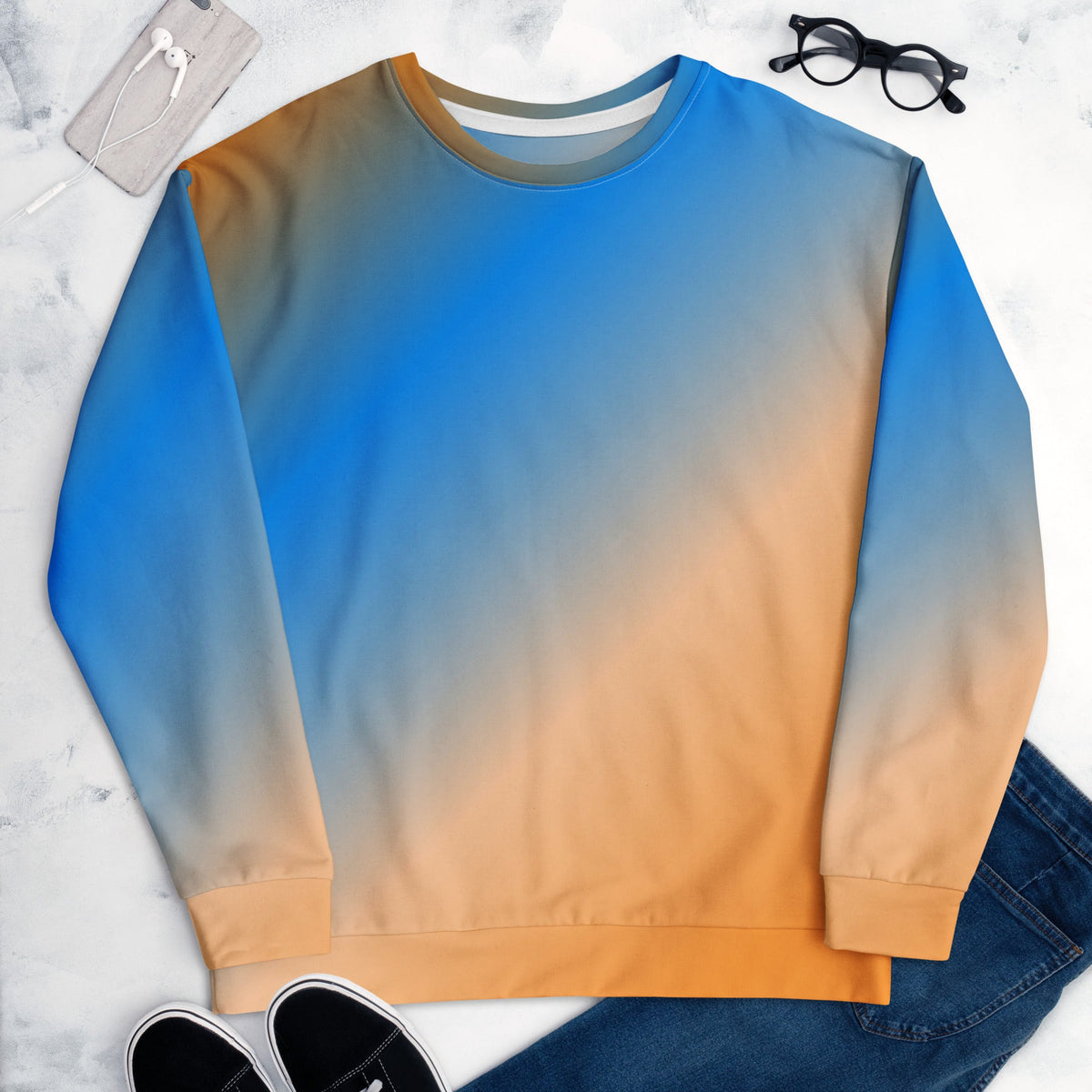 Good Wishes 365 unisex crew neck sweatshirt featuring a vibrant blue and orange sunset gradient print.