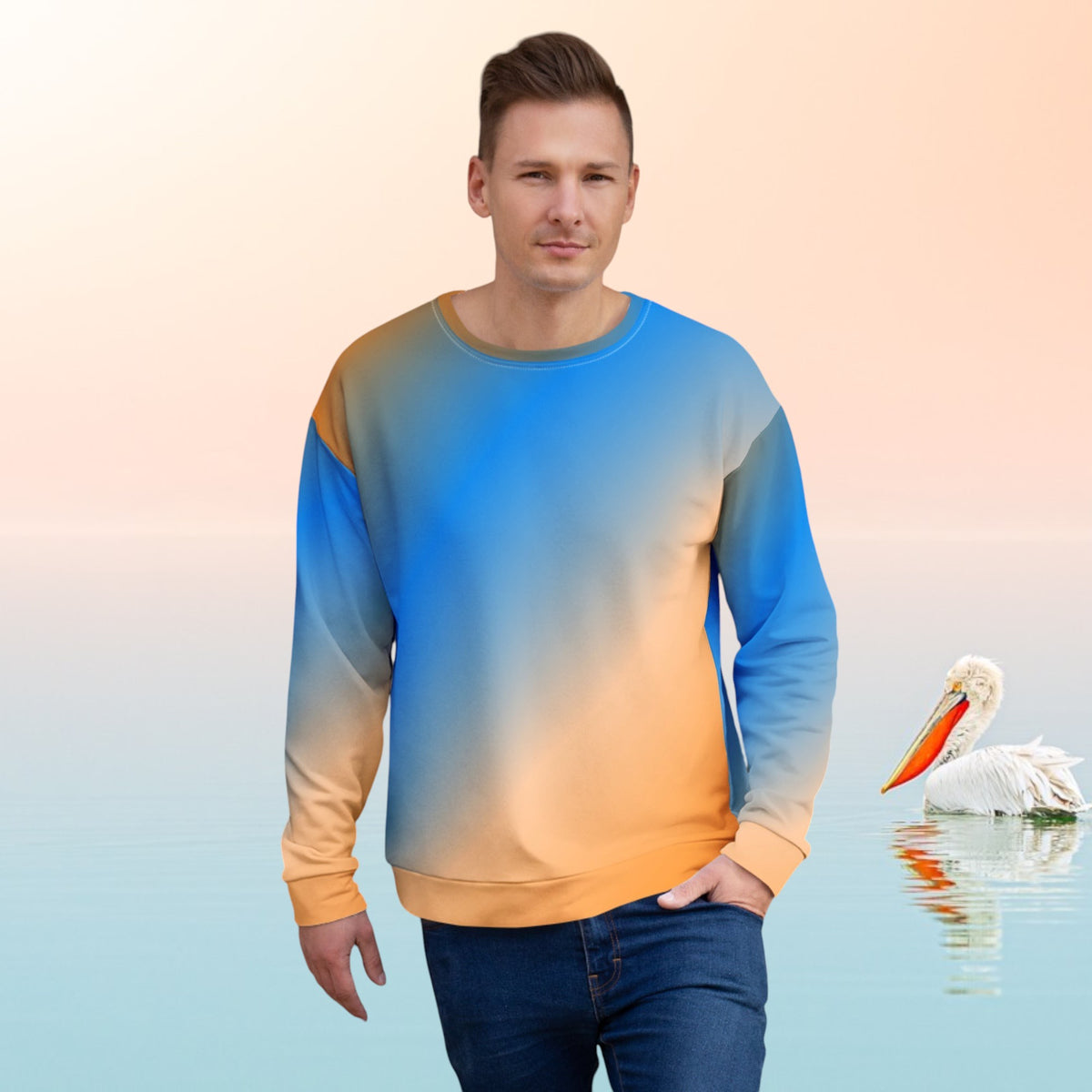 Good Wishes 365 unisex sweatshirt with a vibrant blue and orange sunset gradient print worn by a man against a brick wall
