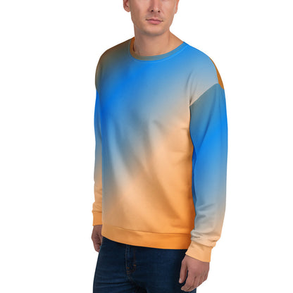 Good Wishes 365 unisex crew neck sweatshirt featuring a vibrant blue and orange sunset gradient print on recycled fabric