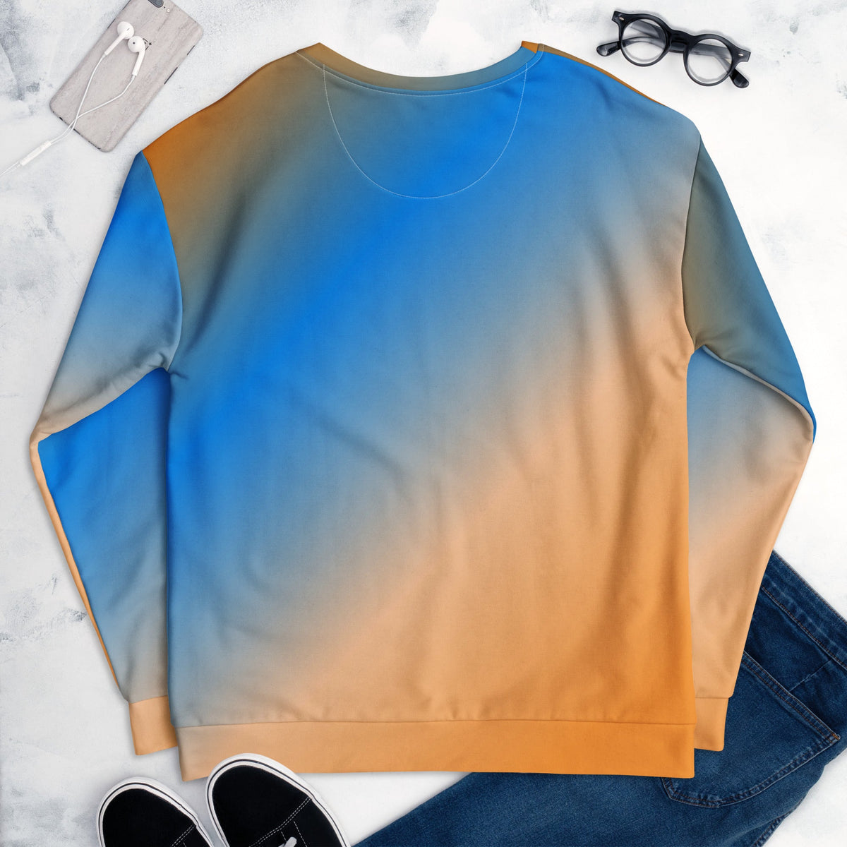 Good Wishes 365 unisex sweatshirt featuring a vibrant blue and orange sunset gradient print on recycled fabric