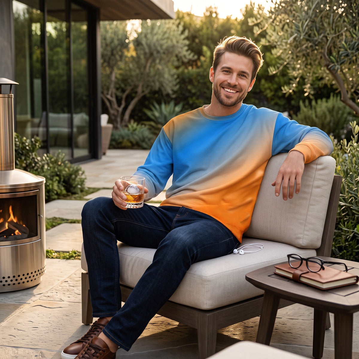 Good Wishes 365 unisex sweatshirt with a blue and orange sunset gradient print, worn by a smiling man on a patio.