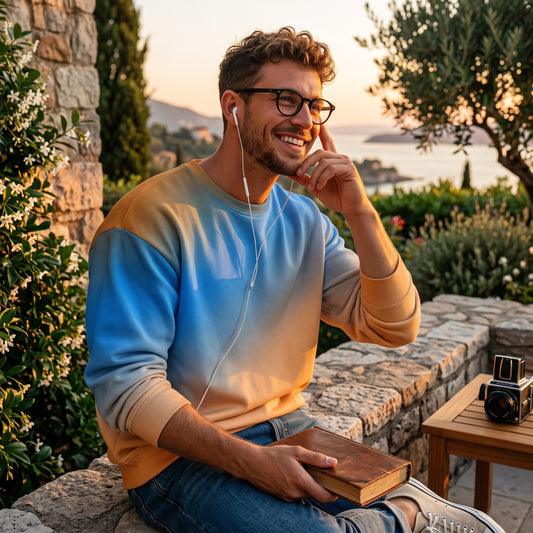 Good Wishes 365 unisex sweatshirt with a sunset gradient print worn by a smiling man sitting outdoors at sunset.