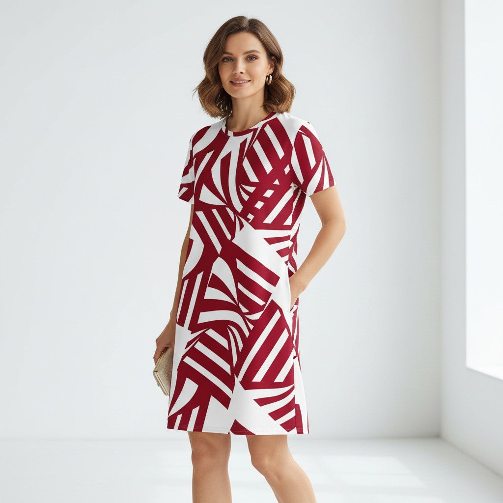 Good Wishes 365 All-Over Print T-shirt Dress in Bold Rhythm Carmine. White polyester-spandex fabric with a bold red abstract stripe pattern.