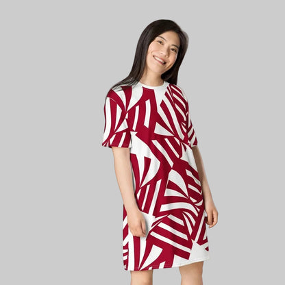 Good Wishes 365 All-Over Print T-shirt Dress in Bold Rhythm Carmine. Red and white abstract pattern, polyester-spandex blend, oversize fit, above-the-knee length.