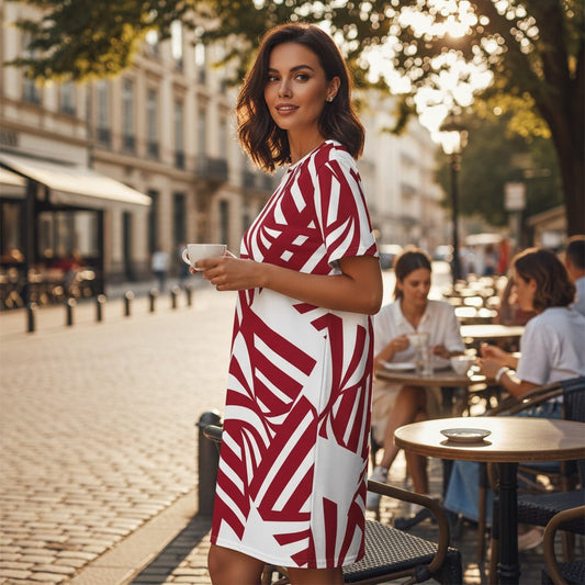 Good Wishes 365 All-Over Print T-shirt Dress in Bold Rhythm Carmine. White and red abstract pattern, polyester-spandex blend, oversize fit.