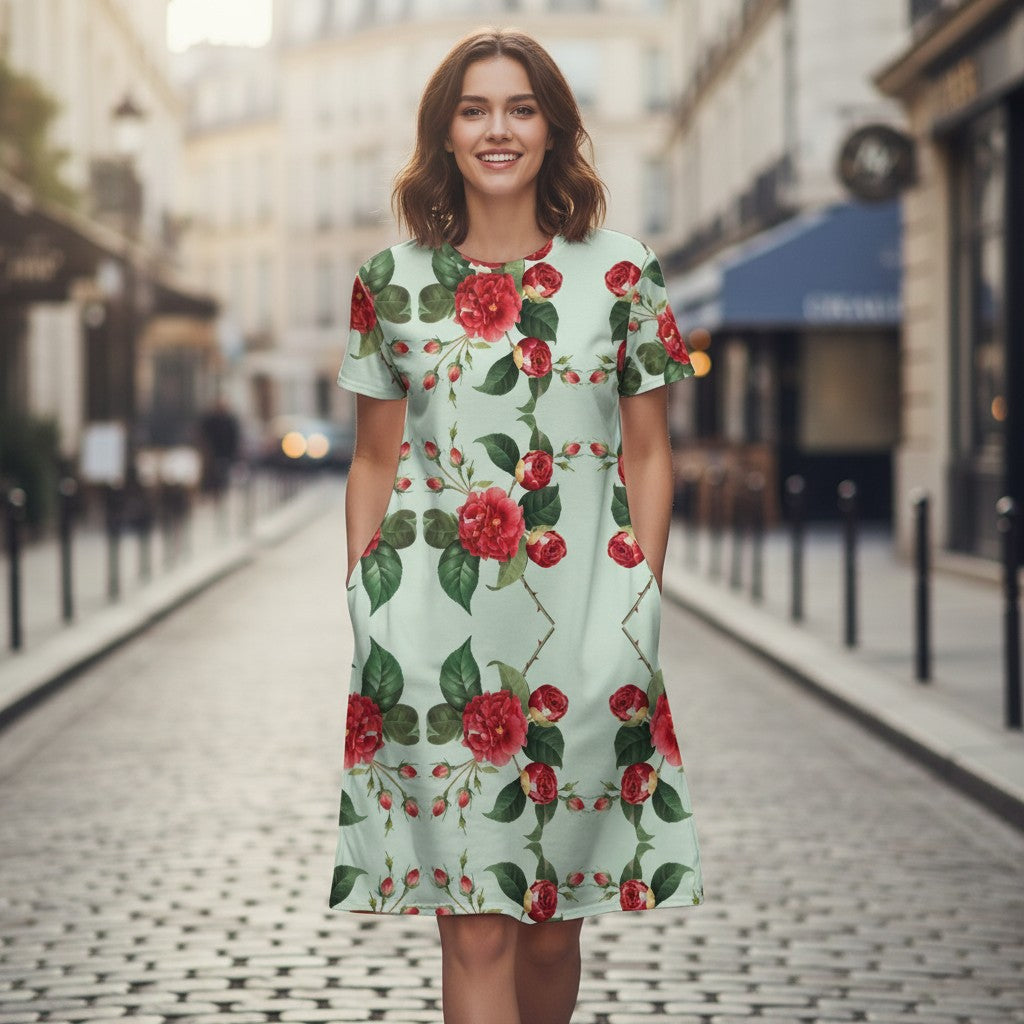 Good Wishes 365 T-shirt dress in light green with a repeating red floral pattern and comfortable oversize fit.