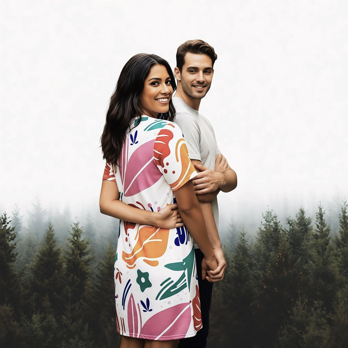 Good Wishes 365 white t-shirt dress with colorful abstract floral print, oversize fit, short sleeves, on a woman in a garden.