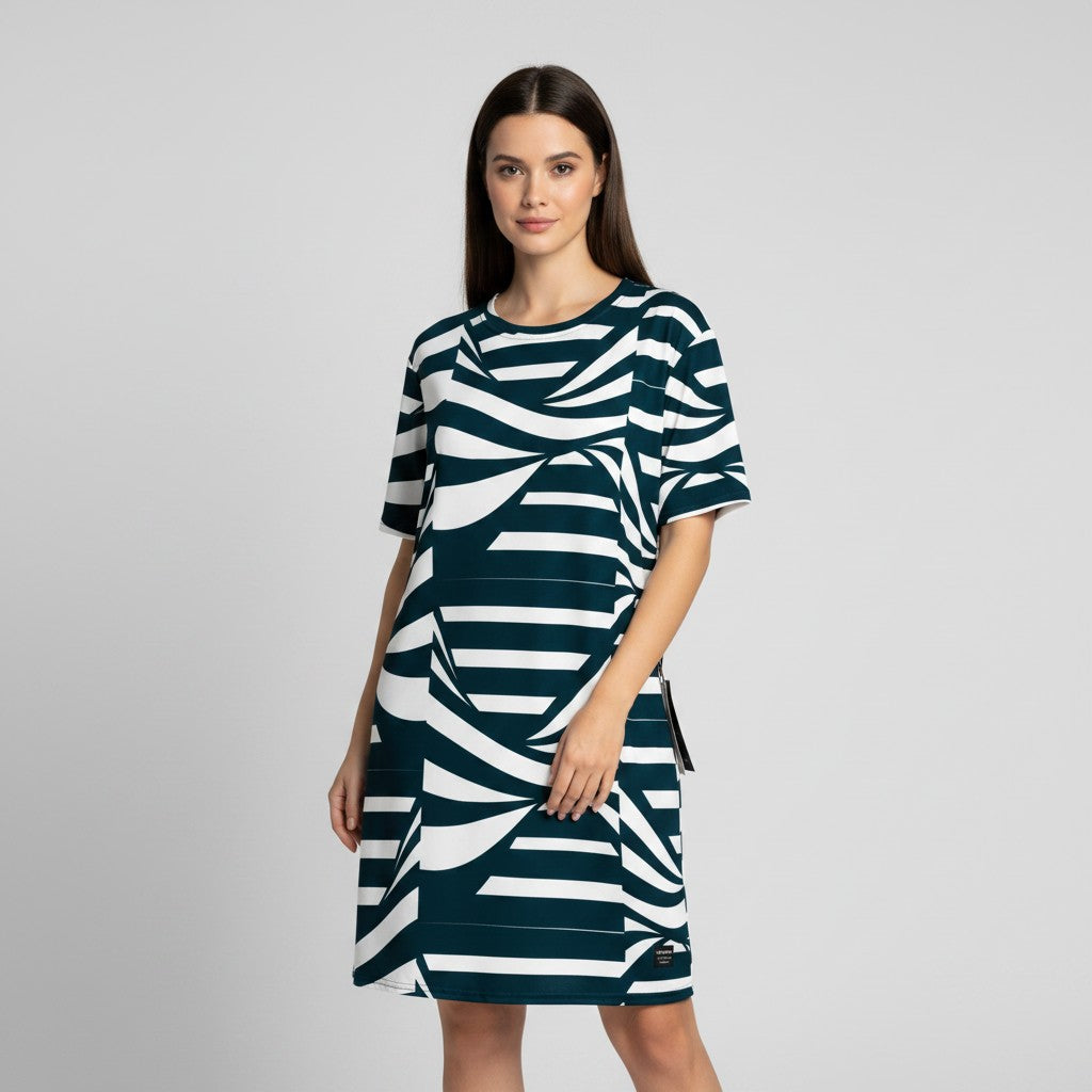 Good Wishes 365 navy and white abstract stripe print t-shirt dress with oversize fit and drop shoulder.