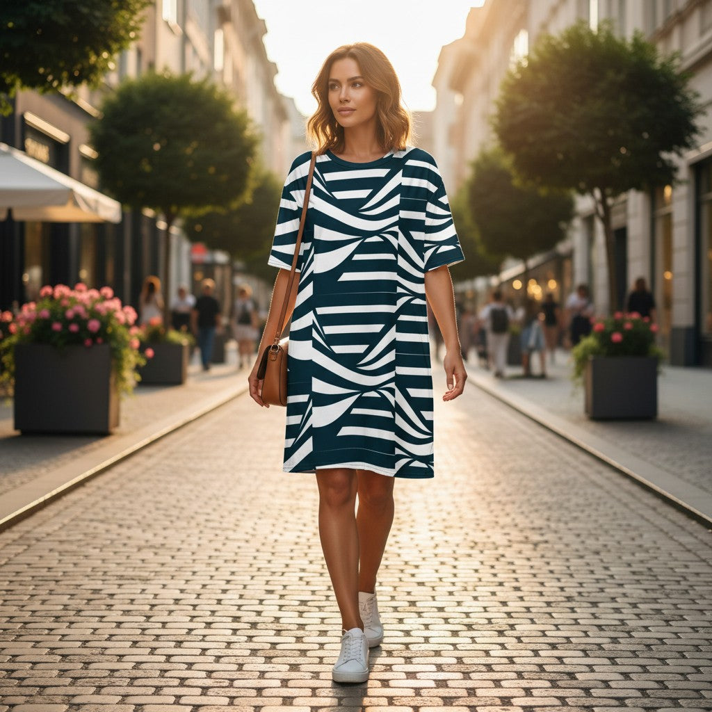 Good Wishes 365 navy and white abstract stripe print t-shirt dress with oversize fit and drop shoulder.