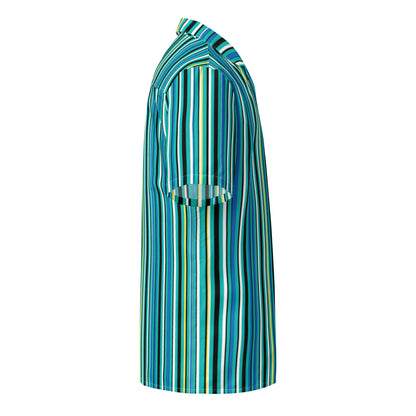 Good Wishes 365 unisex oversized fit short-sleeve button-up shirt with a vertical stripe pattern in teal, blue, black, and white.