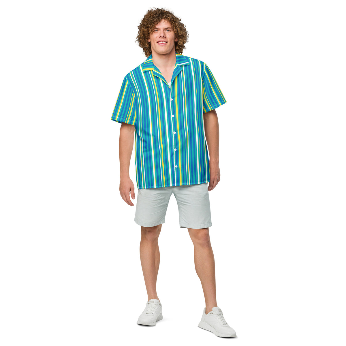 Good Wishes 365 unisex teal striped short sleeve button-down shirt with UPF 50+ protection worn by a curly-haired man.