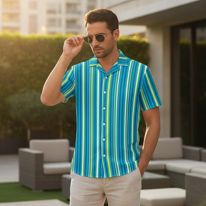 Good Wishes 365 men's teal striped short sleeve button-down shirt with UPF 50+ sun protection worn outdoors.