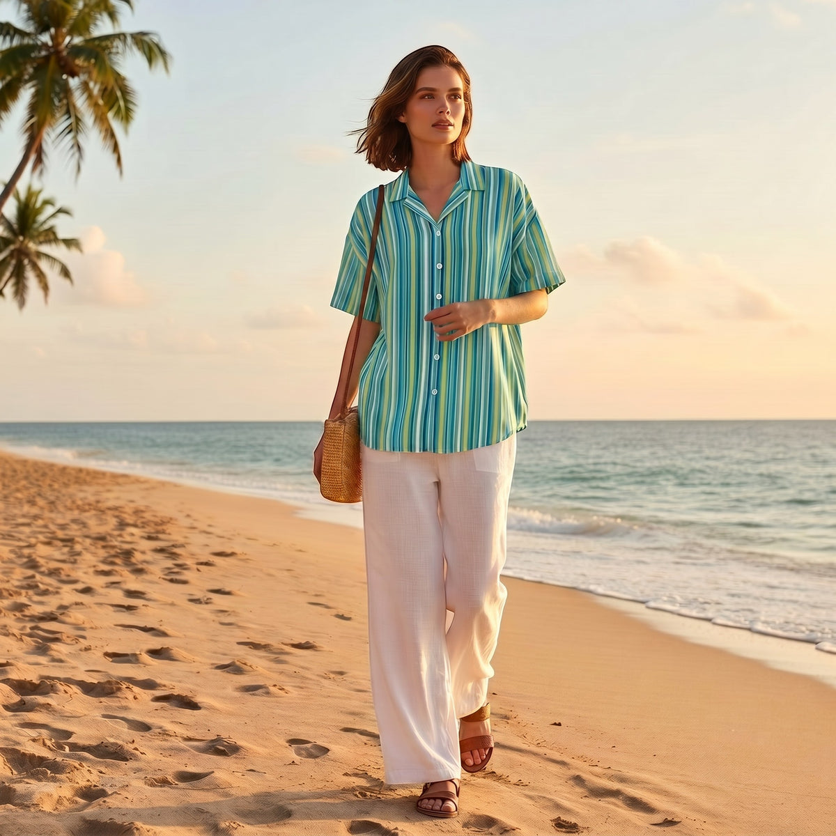 Women's Teal Striped Casual Short Sleeve Button Shirt | Unisex UPF50+