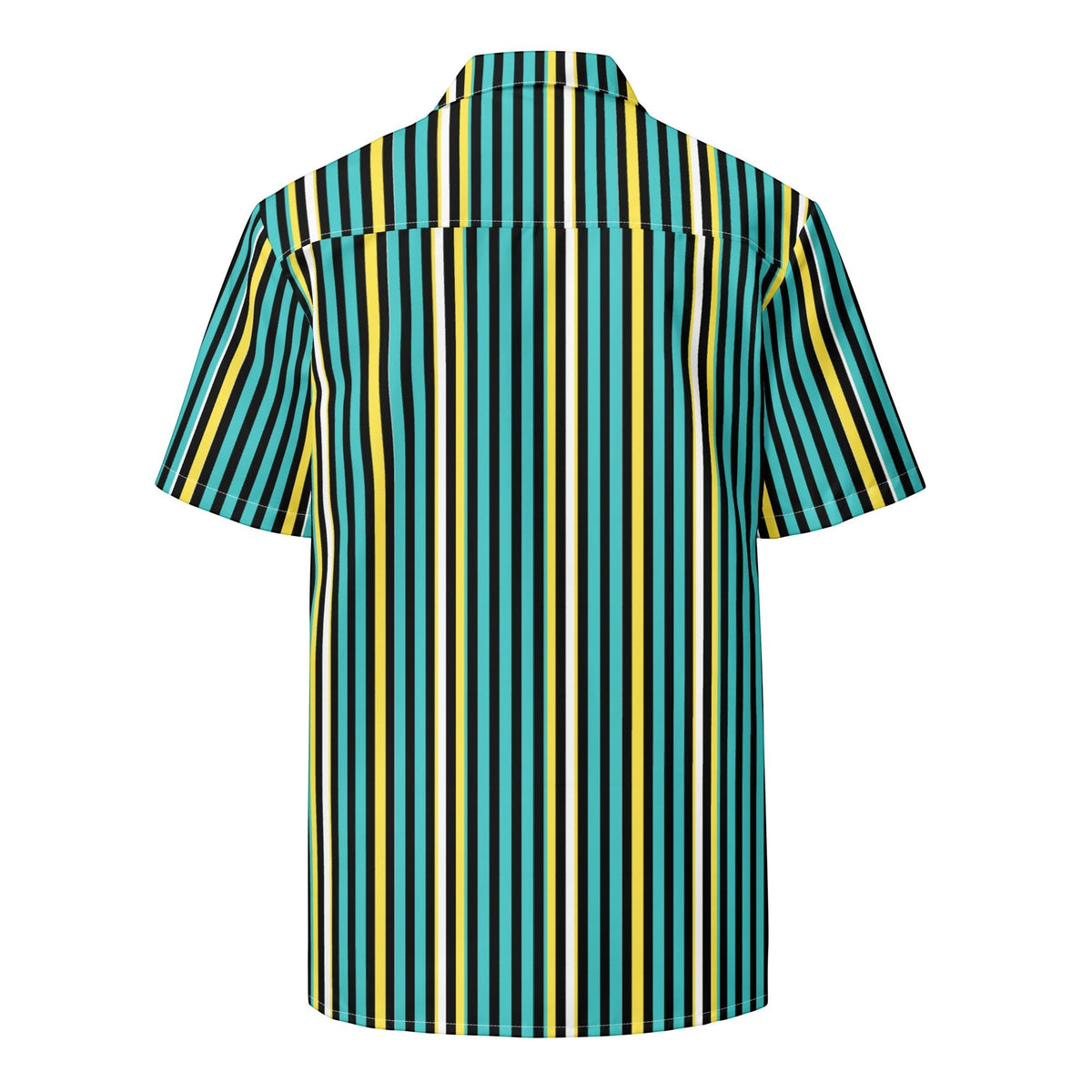Good Wishes 365 teal yellow and white vertical striped short sleeve button-up shirt with UPF50+ sun protection