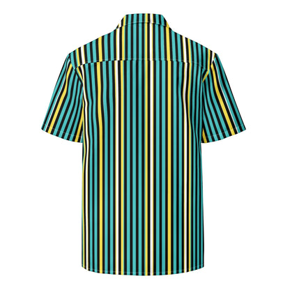 Good Wishes 365 teal yellow and white vertical striped short sleeve button-up shirt with UPF50+ sun protection