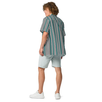 Good Wishes 365 men's teal, black, and white vertical striped short sleeve button-up shirt with UPF50+ protection. All-over print, unisex button shirt, back side view.