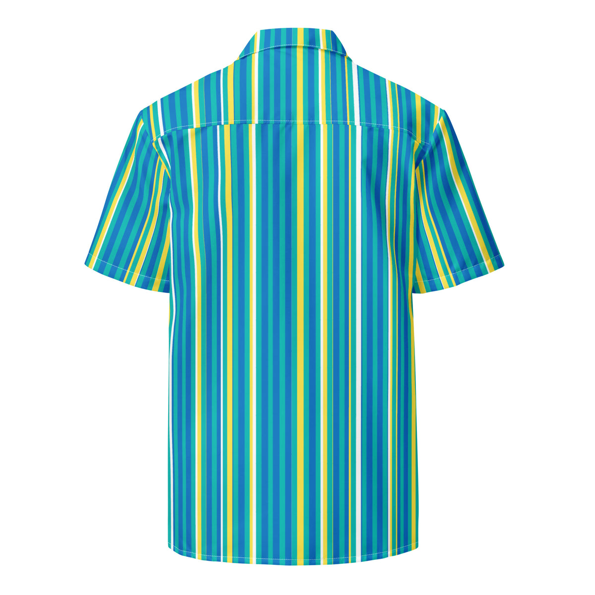 Back view of a Good Wishes 365 short sleeve button shirt with a vibrant teal, blue, and yellow vertical stripe pattern.