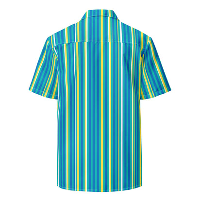 Back view of a Good Wishes 365 short sleeve button shirt with a vibrant teal, blue, and yellow vertical stripe pattern.