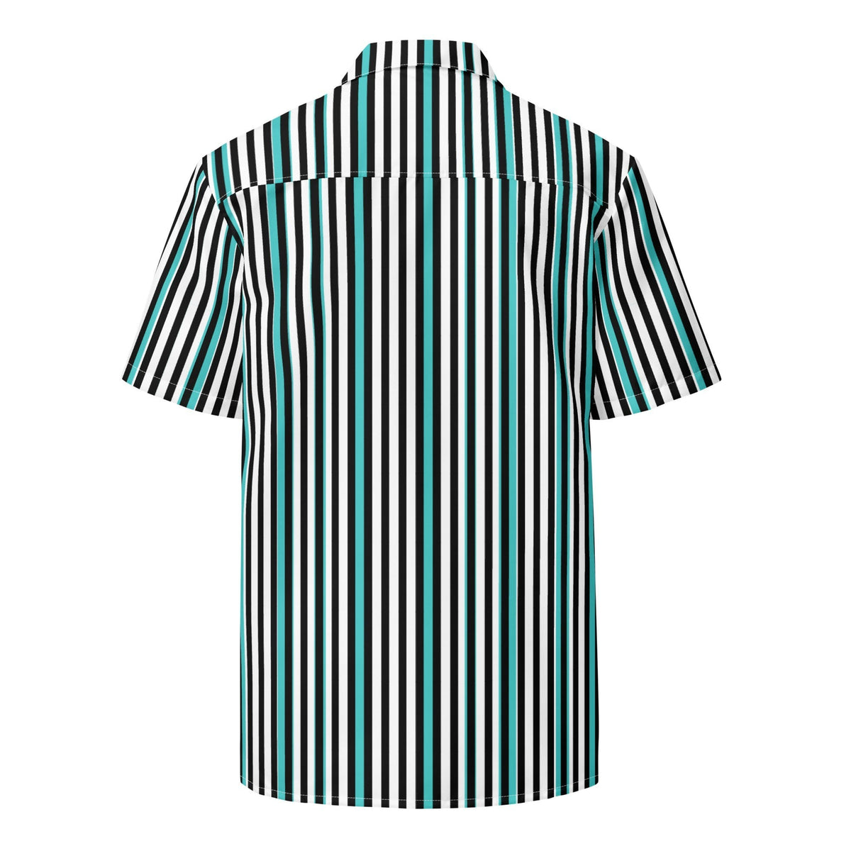 Back view of Good Wishes 365 short sleeve button-up shirt with teal, black, and white vertical stripes and camp collar.
