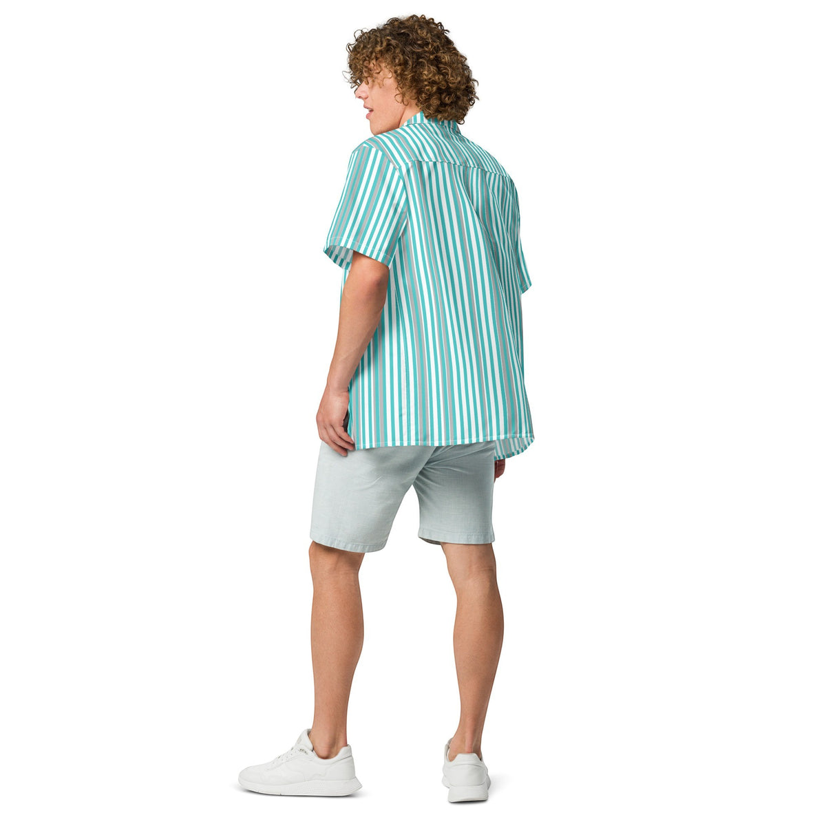 Good Wishes 365 men's deep teal and white vertical striped short sleeve button shirt with camp collar, back view