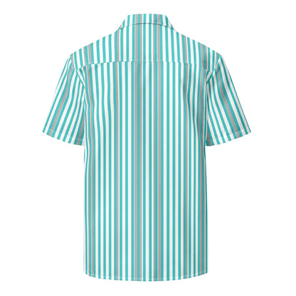 Back view of a Good Wishes 365 men's short sleeve shirt featuring a deep teal and white vertical stripe pattern.