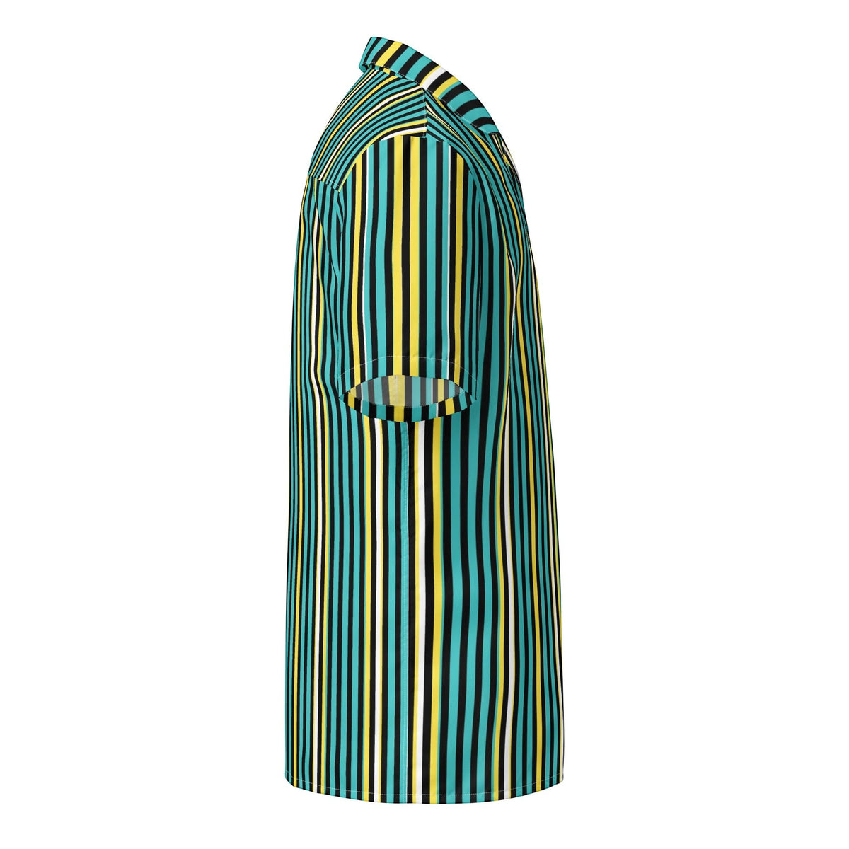 Good Wishes 365 teal, yellow, and white vertical striped short sleeve button-up shirt with a camp collar.