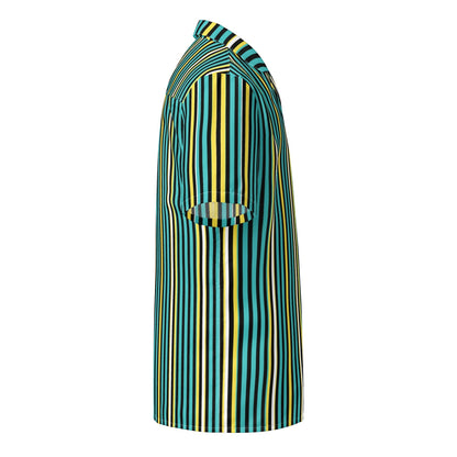 Good Wishes 365 teal, yellow, and white vertical striped short sleeve button-up shirt with a camp collar.