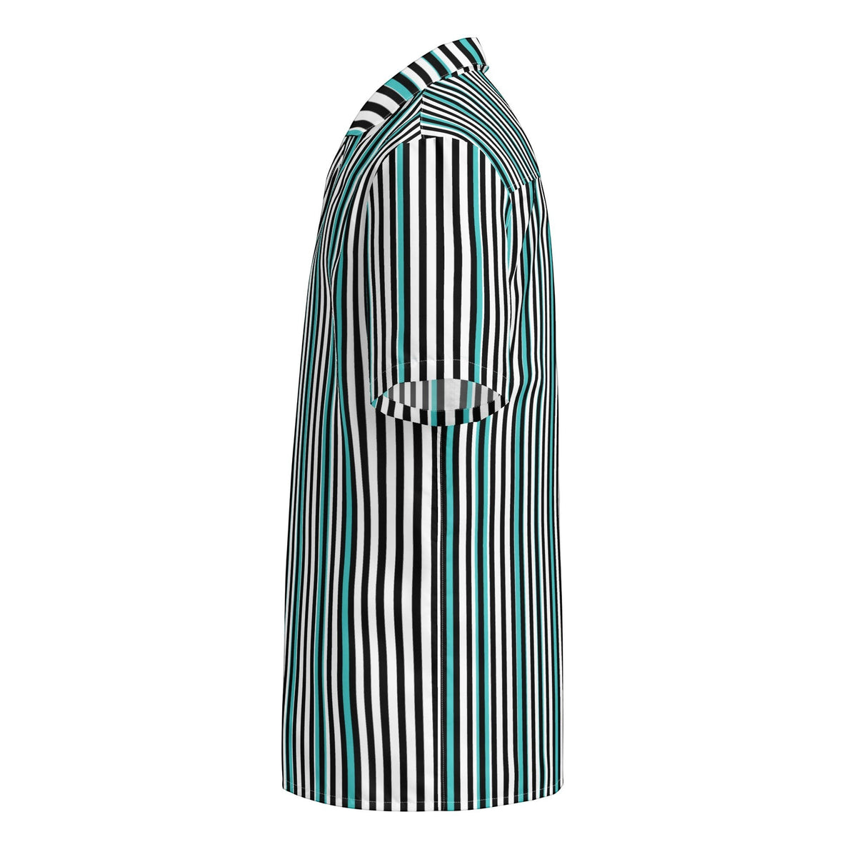 Good Wishes 365 men's teal, black, and white vertical striped short sleeve button-up shirt with UPF50+ protection.