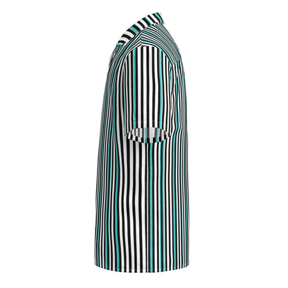Good Wishes 365 men's teal, black, and white vertical striped short sleeve button-up shirt with UPF50+ protection.