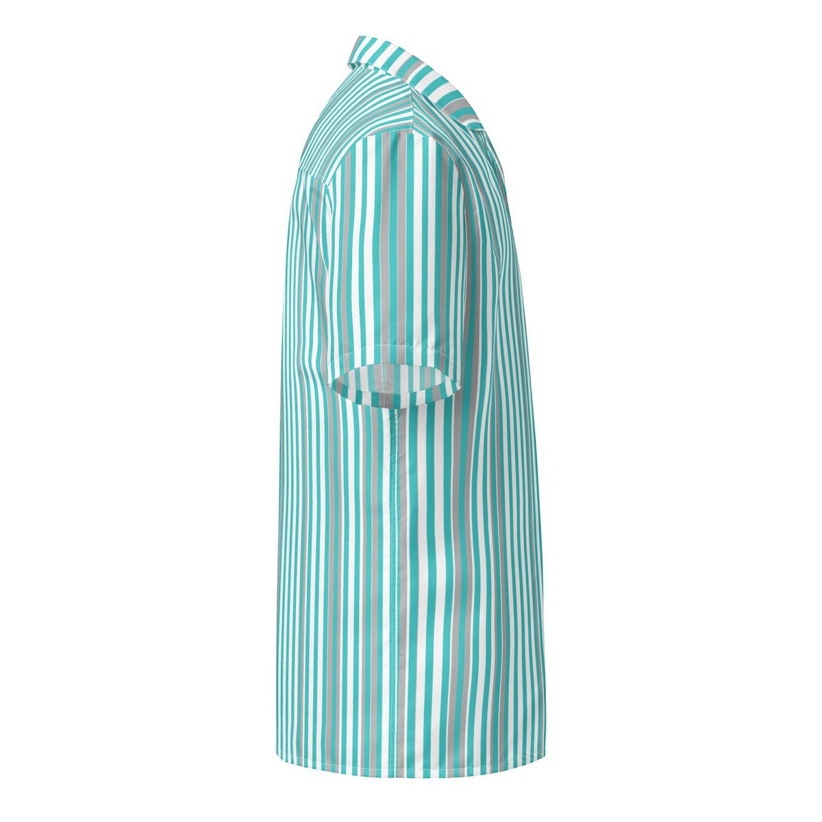 Good Wishes 365 men's short sleeve button shirt in deep teal and white vertical stripes with a camp collar side view
