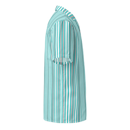 Good Wishes 365 men's short sleeve button shirt in deep teal and white vertical stripes with a camp collar side view