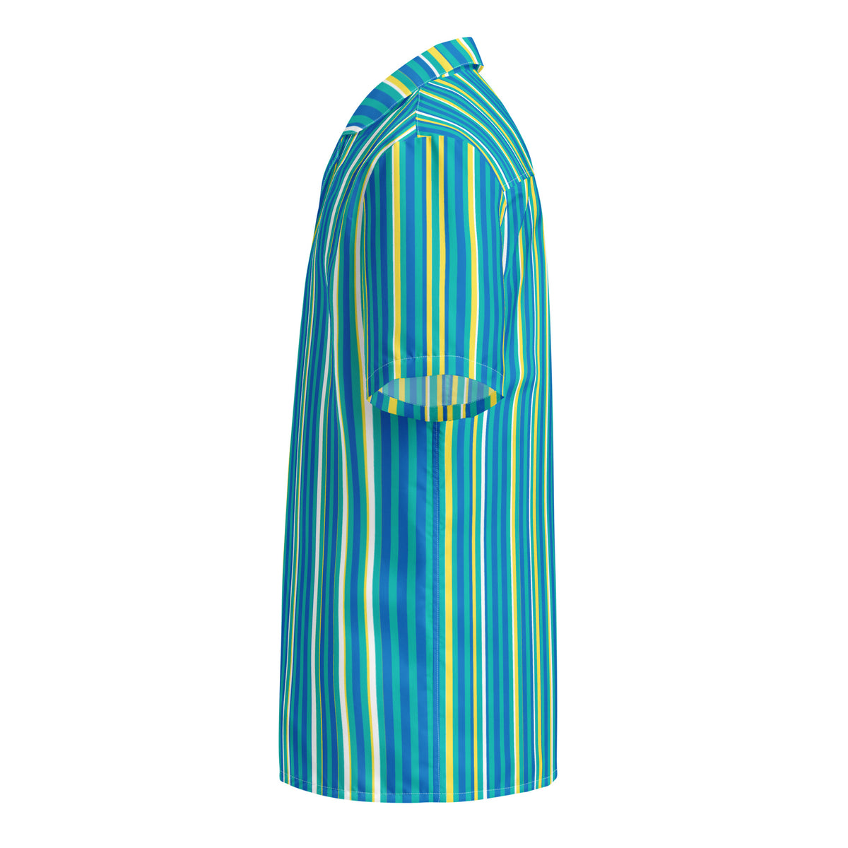 Good Wishes 365 teal and yellow striped short sleeve button-down shirt with UPF 50+ sun protection, side view.