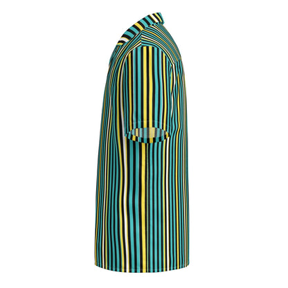 Good Wishes 365 teal and yellow vertical striped short sleeve button-up shirt with UPF50+ sun protection
