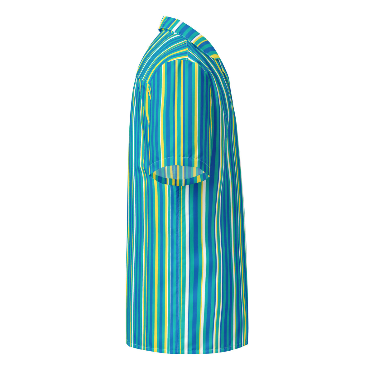 Good Wishes 365 teal striped short sleeve button-down shirt with UPF 50+ protection, side view.